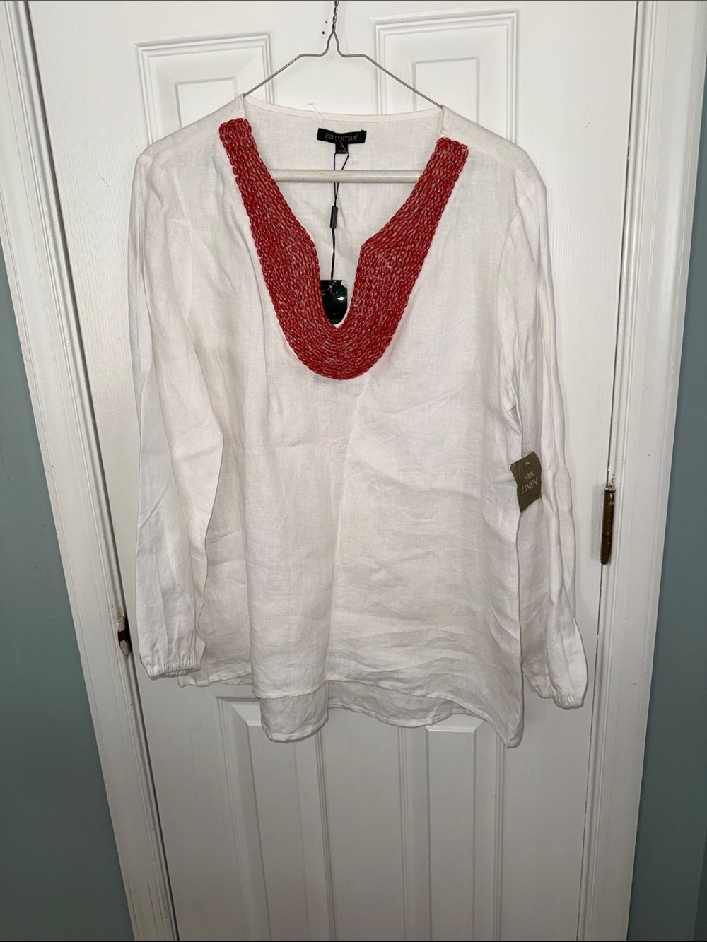 For Cynthia White Linen Tunic with Red Beaded V-Neck